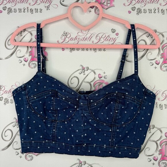 Garage Tops - Garage polka dot denim jean crop top bustier style tank top blue white fitted